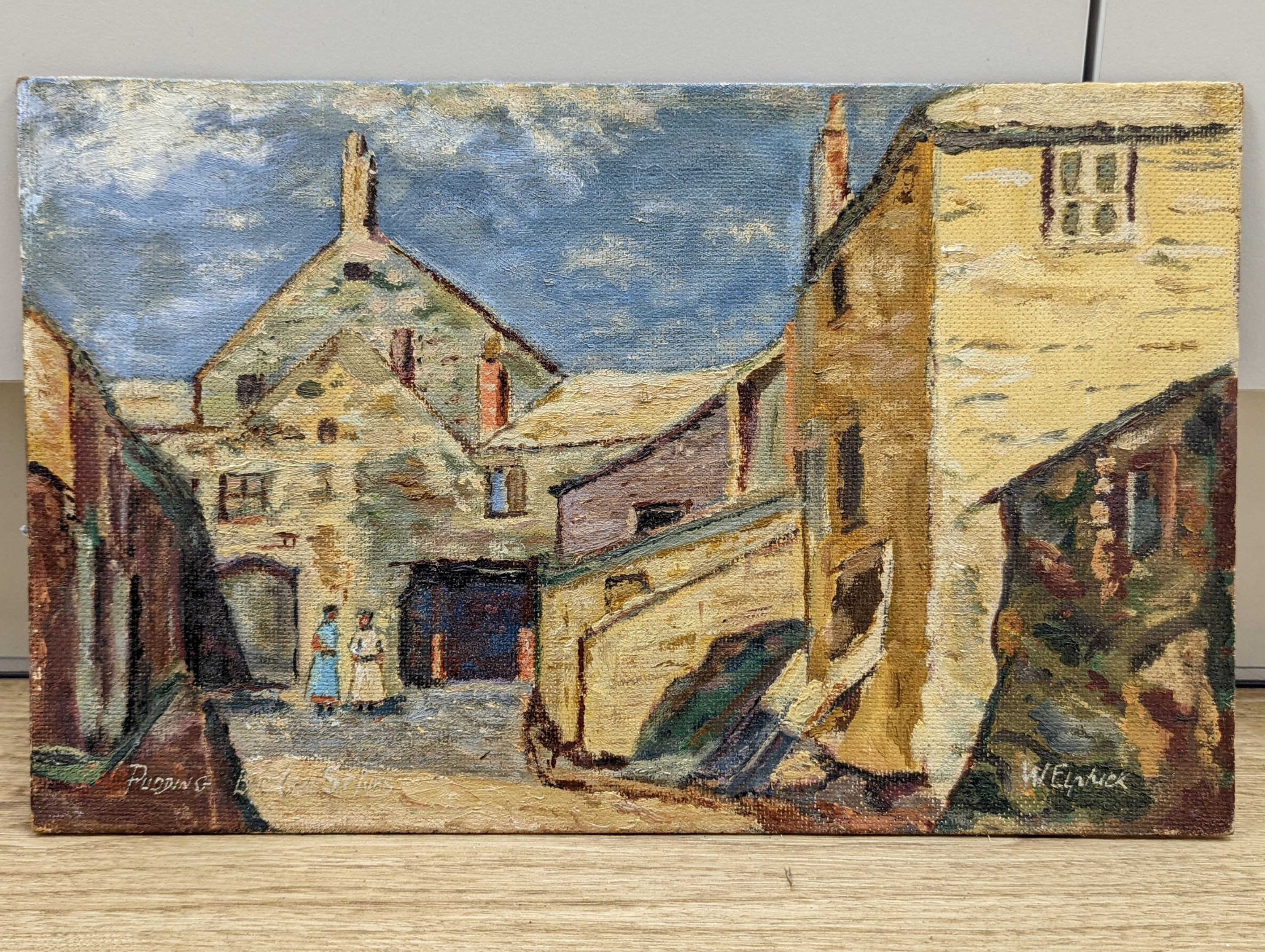 W. Elphick, oil on board, Pudding Bag Lane, St Ives, signed, 25 x 40cm, unframed